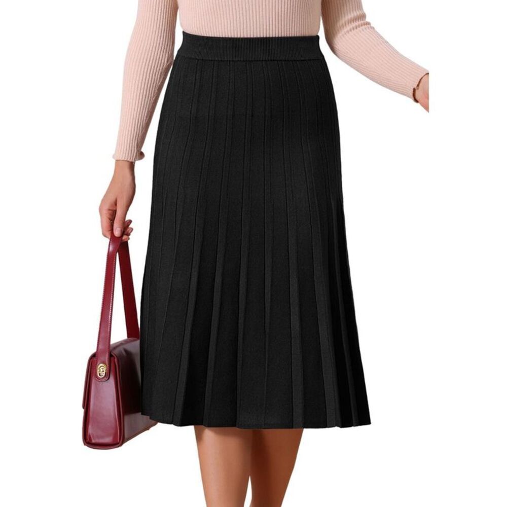 Women's Knit Pleated High Waist Stretchy A Line Sweater Midi Skirt Black X-Large